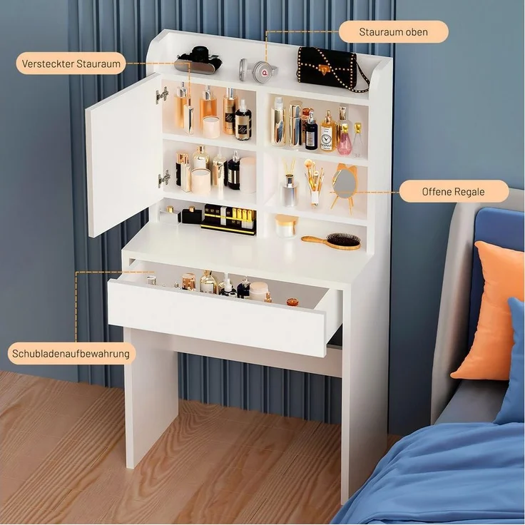 oyajia Schminktisch Frisiertisch mit Spiegel (verstellbare Ablagen), 1 Schubladen, 4 offene Fächer, Modern – Bild 2