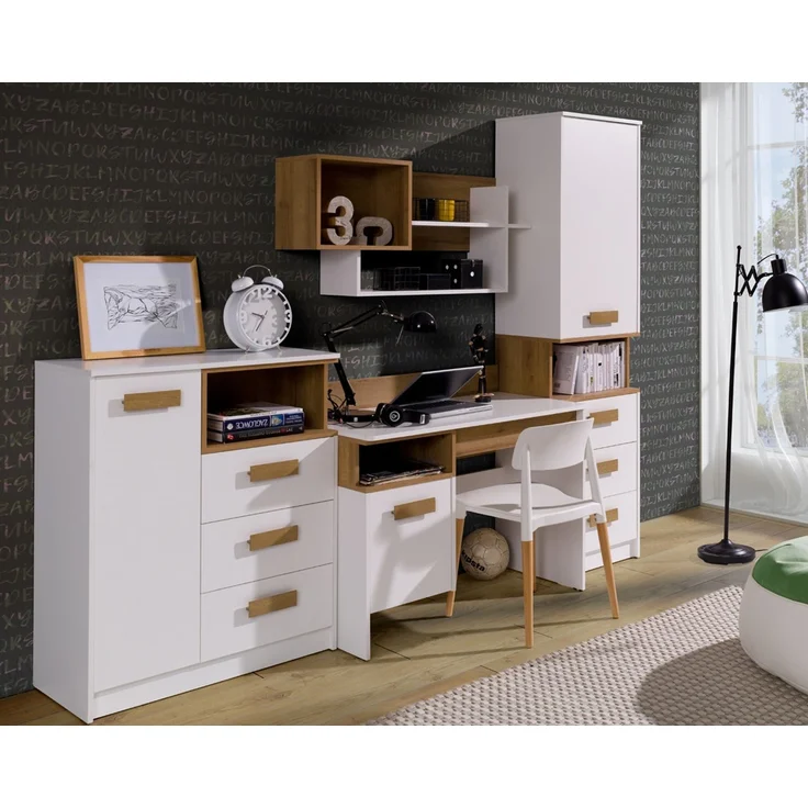 Marmex Möbel Grant Set-02B Jugendzimmer Komplett-Set 4-teilig mit Kommode, Schreibtisch, Wandregal, geschlossenes Regal, Kinderzimmermöbel mit Schreibtisch, laminierte Spanplatte, weiß+riviera Eiche, 250x195x55 cm – Bild 1