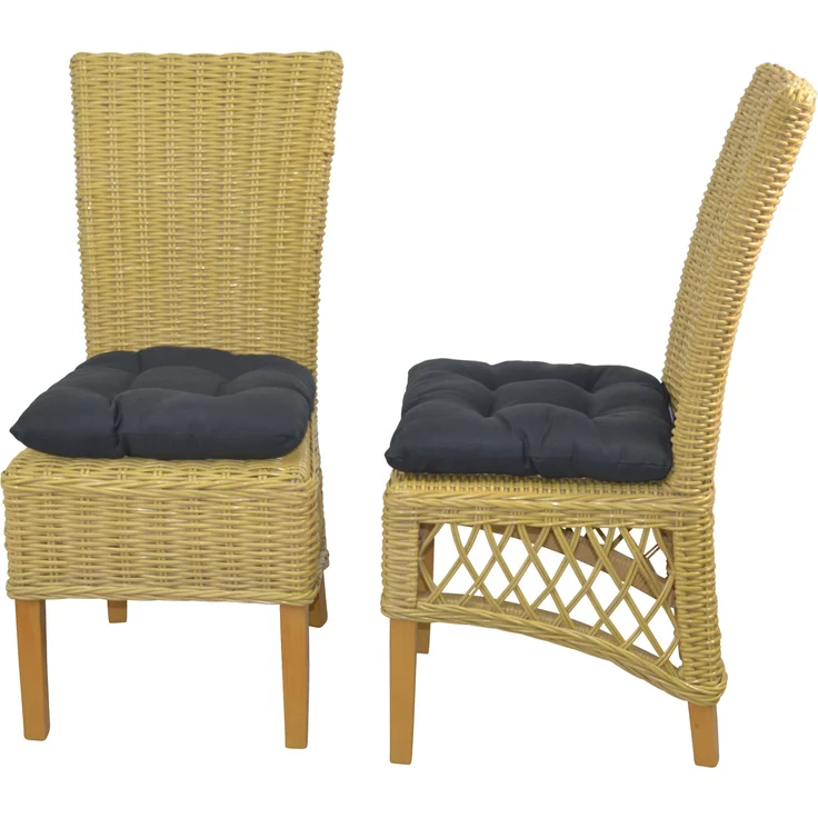 Rattanstühle/Esszimmerstühle 2er-Set, handgeflochten, beige, inkl. Kissen schwarz – Bild 1