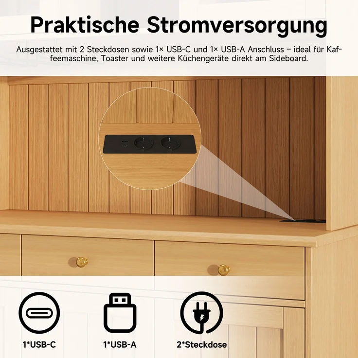 Buffetschrank 120 x 40 x 191 cm aus Spanplatte mit Glastüren, Schublade, Gläserhalter und Steckdosen – Bild 7