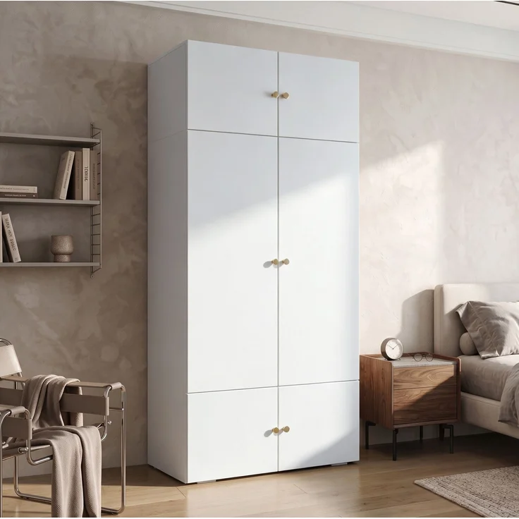 Kleiderschrank aus Spanplatte mit Kleiderstange und 5 Fächern, 90x50x200 cm, Weiß – Bild 4