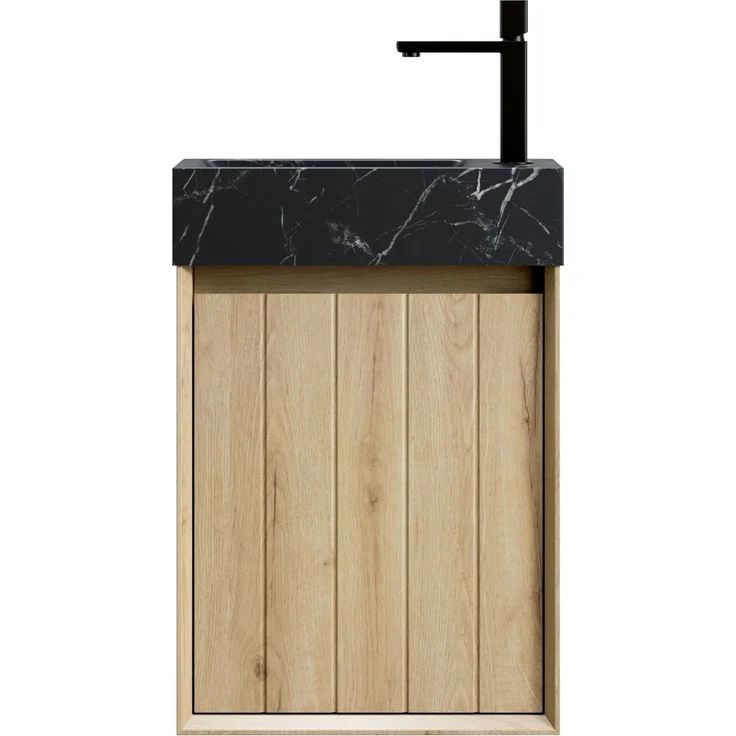 Waschtischunterschrank 40 cm breit mit Naturmarmorbecken, Tür und Dekor in Weiß-Eiche,58 x 40 x 22 cm – Bild 7
