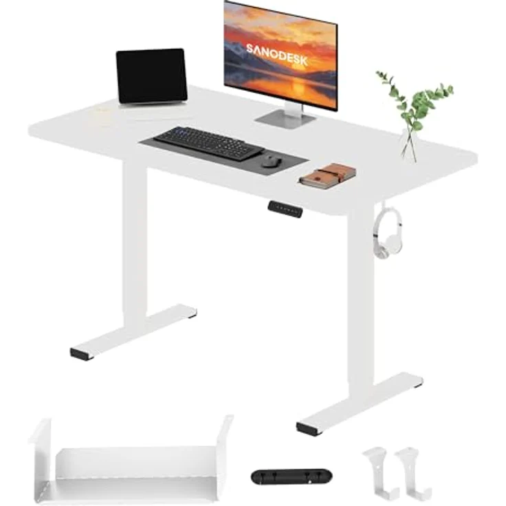 SANODESK Höhenverstellbarer Schreibtisch mit Komplett Tischplatte, Elektrischer Ergonomischer Schreibtisch, Steh-Sitz Bürotisch für Homeoffice, 120x60 cm, Weiß – Bild 2