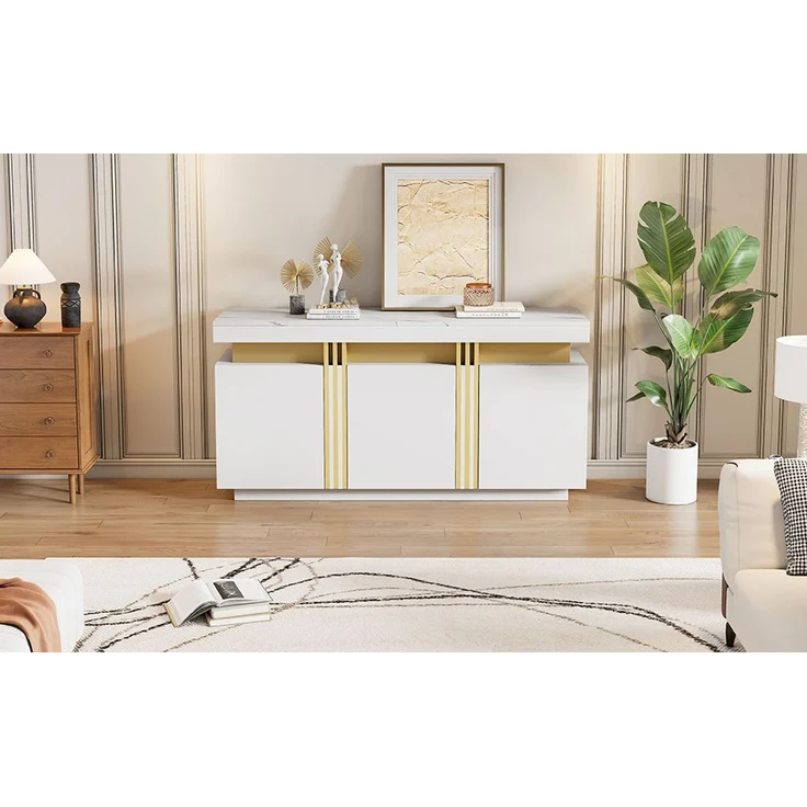 ZUBALIYA Sideboard 140x38x70 cm, mit 3 Türen, aus Spanplatte, Weiß – Bild 9