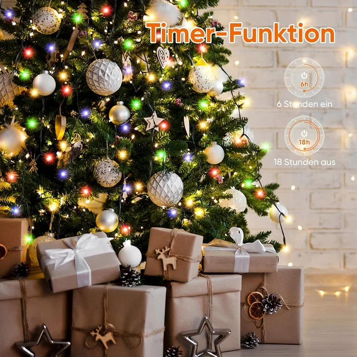 SALCAR 1,5m Weihnachtsbaum Lichterkette mit Ring und 8 Girlanden, 200er LED Christbaumbeleuchtung für 90cm bis 150cm Tannenbaum, Bunt – Bild 4