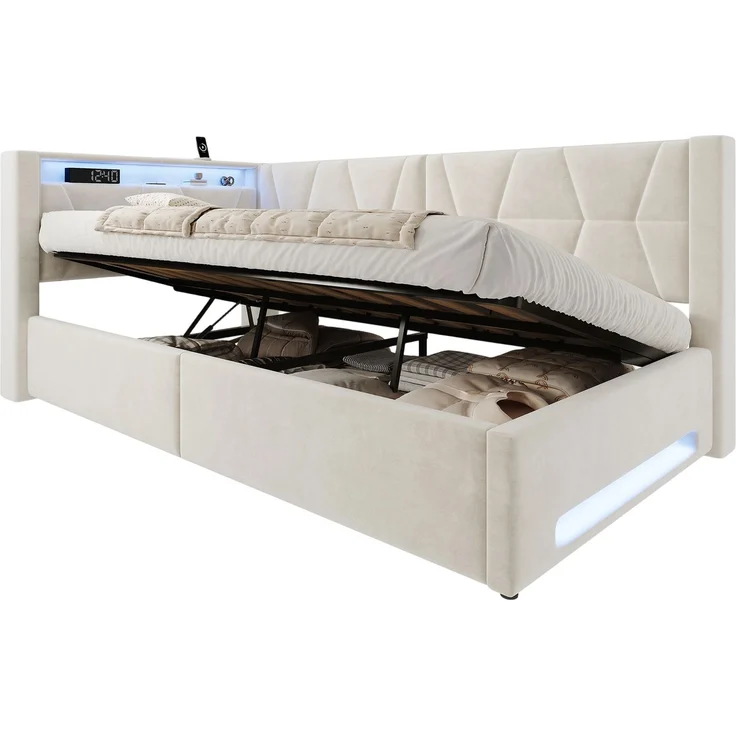TavilaEcon Polsterbett Samtbett mit LED-Beleuchtung an Kopf- und Fußteil, USB & Type-C beige Liegefläche 90 × 200 cm – Bild 10