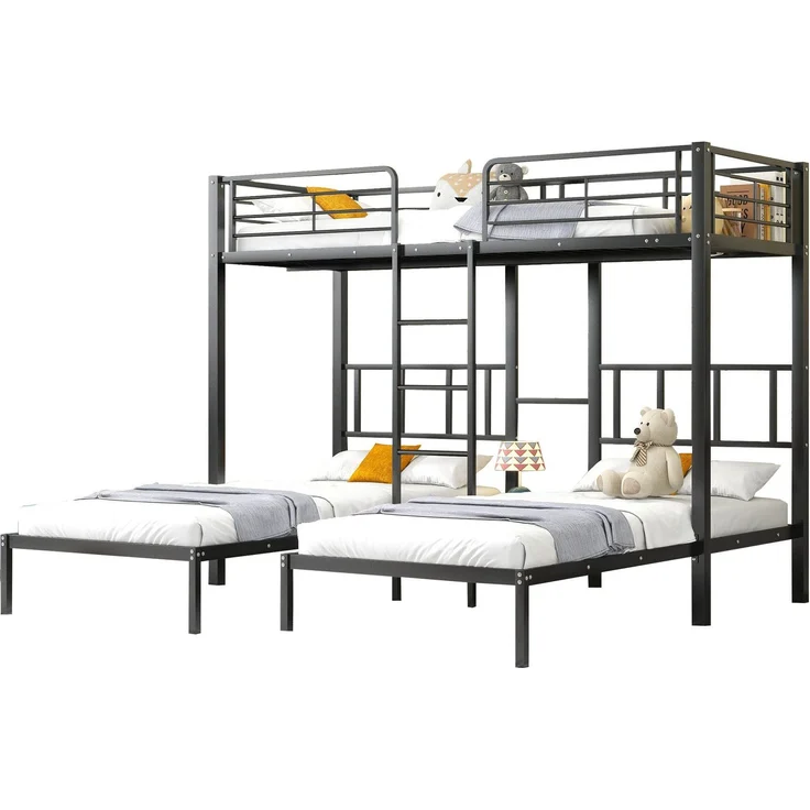 Merax Etagenbett Dreierbett Kinderbett Metallbett mit Leiter 90x200cm*3, schwarz – Bild 10