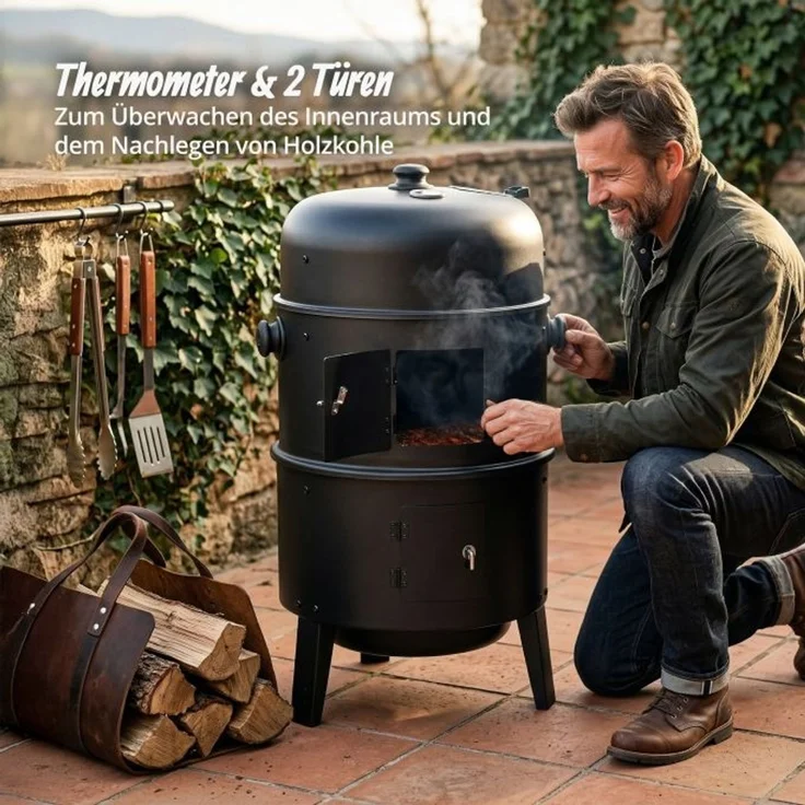 Relaxdays Smoker mit Deckel & Thermometer, 79 x 47,5 x 45 cm – Bild 3