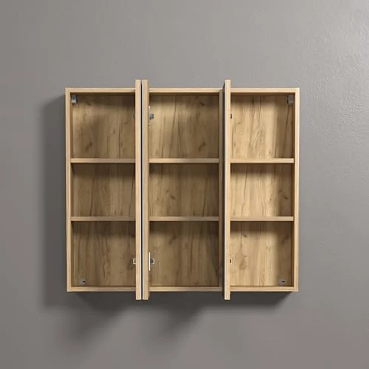 Trendteam Niklas Spiegelschrank, 90 x 80 cm, Evoke Eiche, feuchtigkeitsbeständiger Korpus, 3 Spiegeltüren, verstellbare Ablageböden – Bild 5