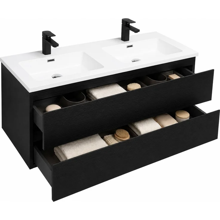 Badplaats Badmöbel Set mit Waschbecken und Unterschrank Angela 120 x 48 cm Schwarz Holz - Waschbeckenunterschrank mit Soft-Close und Doppelwaschbecken, Vorgemontiert – Bild 2