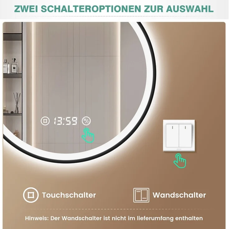 Pesenxan Runder LED Badspiegel Ø 70 cm, dimmbar, 3 Lichtfarben & Antibeschlag, 3-in-1-Touchsteuerung, 24h-Digitaluhr, mattschwarzer Aluminiumrahmen, für Badezimmer, Schwarz – Bild 6