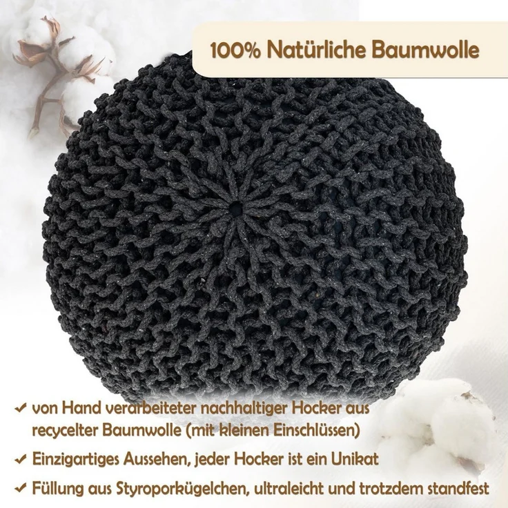 Amagohome Sitzhocker Strickhocker XXL Pouf Ø55 H37cm Bodenkissen Sitzpouf Baumwolle recycel – Bild 2