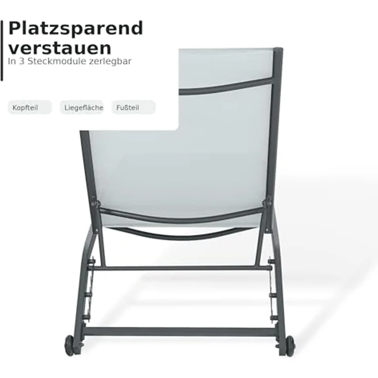 Ambia Garden Sonnenliege, Anthrazit und Weiß, Metall, 195x90x63 cm, wetterbeständig, verstellbare Rückenlehne mit Rädern am Kopfende – Bild 9