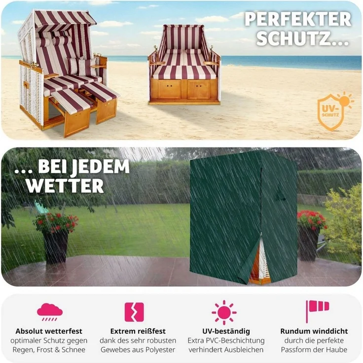 tectake Strandkorb 2-Sitzer mit Polster, verstellbar, inkl. Schutzhülle, gepolstert mit ausziehbaren Fußbänkchen – Bild 2