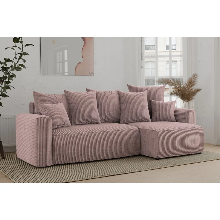 MEBLINI Schlafcouch mit Bettkasten - 238x142x73cm - Altrosa Cordstoff - DAVE - Kleines Ecksofa mit Schlaffunktion - Sofa mit Relaxfunktion und Kissen - Kleine Couch L-Form - Eckcouch – Bild 2