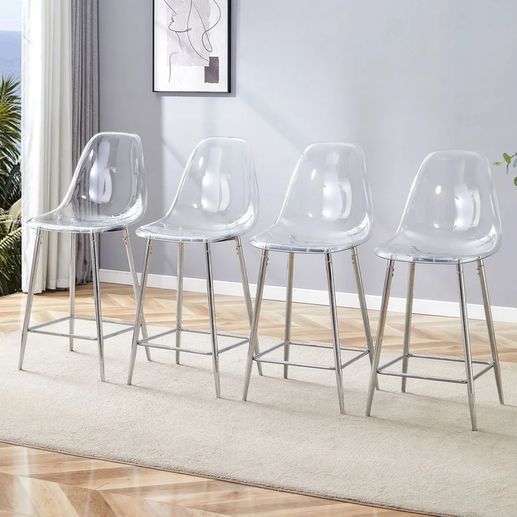 Transparentes Barhocker-Set, 4er-Pack, mit Metallgestell in Silber/Gold/Schwarz, Moderne Design-Stühle für Küche, Bar oder Esszimmer (Nur Stühle, ohne Tisch)--Silber--102x45x51cm--YOUDENOVA – Bild 8