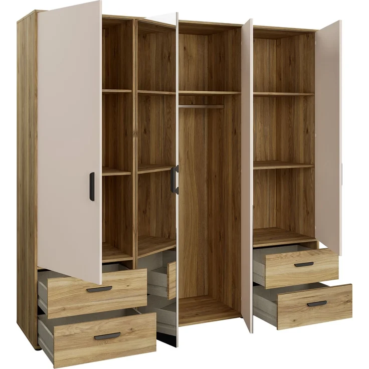 Forte MOKKARO Kleiderschrank 200, moderner Drehtürenschrank, 4-türig, 4 Schubladen, Spiegel, Mauvella Eiche Holzdekor|Kaschmir Beige, 205,9 cm breit x 200,1 cm hoch x 52,7 cm tief – Bild 5
