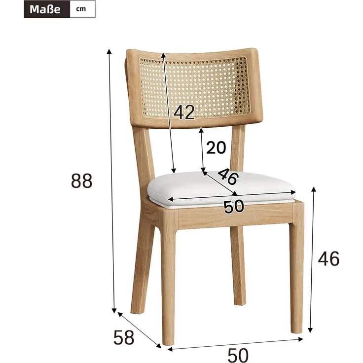 Esszimmerstühle 6er-Set 88×50×58cm aus Massivholz mit Rattan-Rückenlehne und Leinenpolster, Holzfarbe – Bild 5