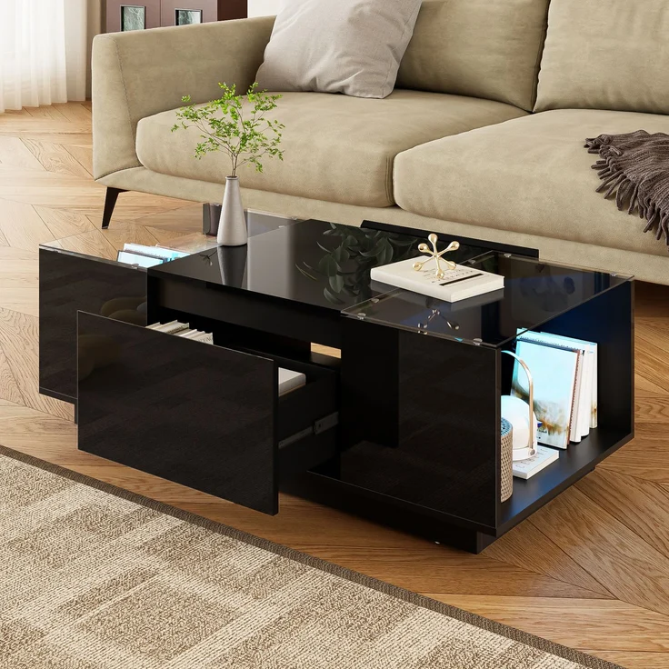 LED-Couchtisch 105×50×35 cm Schwarz Hochglanz Tisch mit Glasplatten, LED-Beleuchtung steuerbar via Bluetooth und App – Bild 5