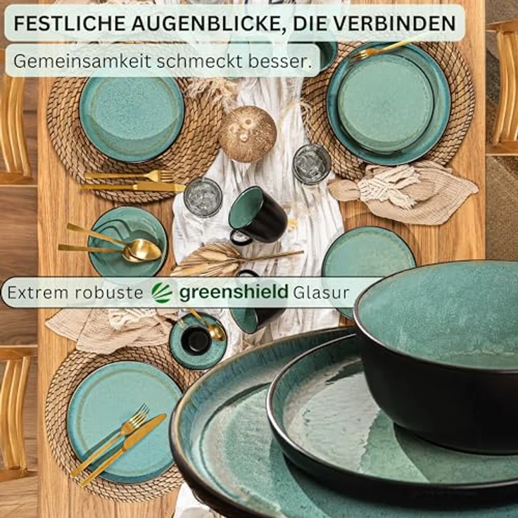 Sänger Fiji Tafelservice, 24-teiliges Geschirr-Set aus grünem Steingut, kratzfest, spülmaschinen- und mikrowellengeeignet – Bild 3
