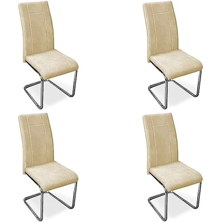 Homey Packung mit 4 gepolsterten Stühlen für Wohnzimmer, Esszimmer, beige, mit verchromten Beinen, Modell Skadi, Aluminium, 42,5 cm (B) x 52 cm (T) x 99 cm (H) – Bild 1