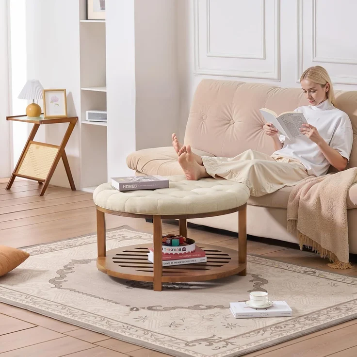 VEVOR runder großer Couchtisch (810 x 810 x 476 mm) mit Ablagefläche aus Massivholz, massiv gepolsterte Ottomane mit Fußstütze aus Leinen für Schlafzimmer Wohnzimmer, 158,76 kg, Leinenfarbe – Bild 2
