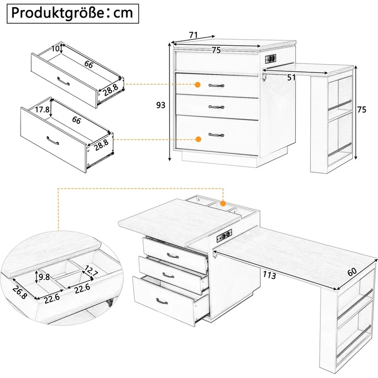 Kücheninsel 125,5-187,5x71x93 cm mit LED-Beleuchtung, USB-Anschluss und ausziehbarer Tischplatte – Bild 6