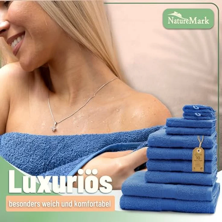 Green Mark Handtuch-Set mit 10 Teilen – 100% Baumwolle – 4 Handtücher 50×100 cm, 2 große Duschtücher 70×140 cm, 2 Gästetücher 30×50 cm und 2 Waschhandschuhe – Royalblau – Bild 8