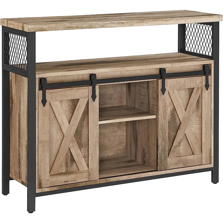VASAGLE Sideboard, Küchenschrank, Aufbewahrungsschrank, mit 2 Schiebetüren, 33 x 100 x 80 cm, verstellbare Ablagen, Landhausstil, für Wohnzimmer, naturfarben-schwarz LSC092B50