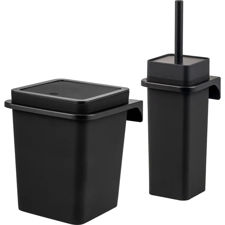 2tlg. Bad-Set SAVONA Softtouch inkl. Wandhalterung, Kosmetikeimer 6 Liter und WC-Garnitur, eckig - schwarz