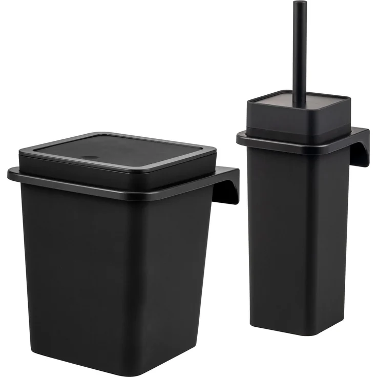 2tlg. Bad-Set SAVONA Softtouch inkl. Wandhalterung, Kosmetikeimer 6 Liter und WC-Garnitur, eckig - schwarz – Bild 1