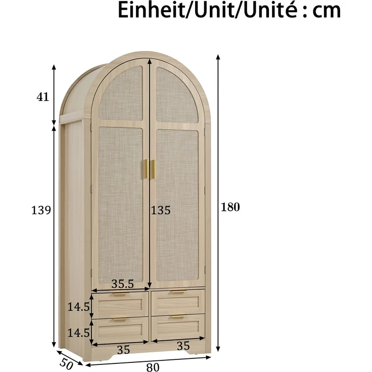DESVIAE Garderobenschrank Eiche aus MDF – 80x180x50 cm – Rattantüren, Schubladen – Bild 10