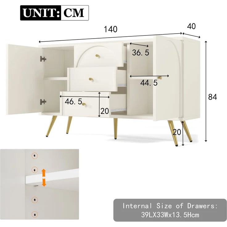 Kommode 140 cm mit gewölbten Schubladen, Sideboard mit höhenverstellbarem Fachboden, Drehtüren, Metallfüßen, Stauraum – Bild 8
