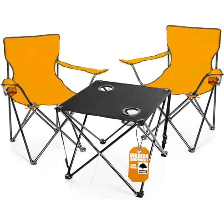 BigDean 2 Stück Campingstuhl mit Campingtisch faltbar – Faltstuhl in Neon Orange mit Getränkehalter & Tragetasche ideal für Camping, Festival & mehr – Bild 1
