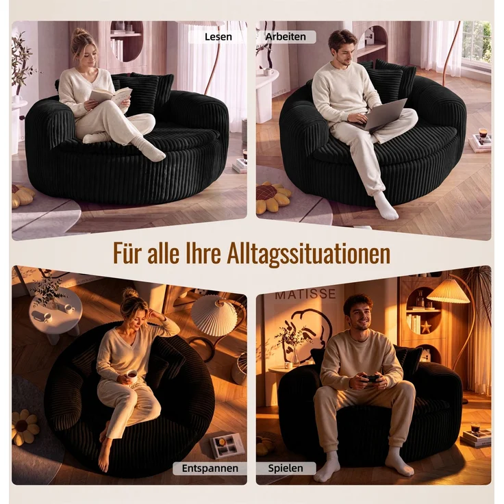 Abrihome Sitzsack mit Armlehnen und Rückenkissen, Schwarz, 145x133x59 cm – Bild 6