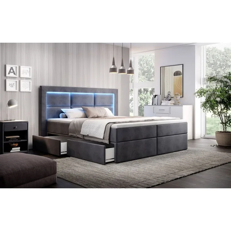 Lukas Möbel Boxspringbett Boxspringbett Aston mit Bettkasten und 16-Farben-LED, mit Bettkasten, inkl. Topper, inkl. LED-Beleuchtung