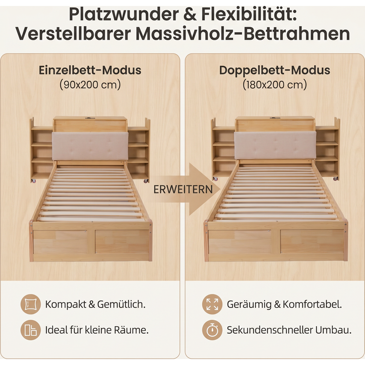 Abrihome Ausziehbett 90x200 bis 180x200 cm, Massivholz & MDF, Einzel-/Doppelbett, Rollen, Natur – Bild 3