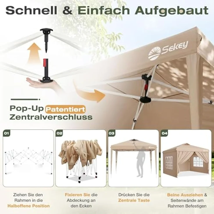 Sekey Pop Up Pavillon Wasserdicht Stabil Winterfest mit Seitenwänden, Faltpavillon 3 x 3 m, Camping Pavillion Faltbar Partyzelt mit Belüftung, Designer Serie 3x3, (Beige, 3x3 Mit Seitenwänden) – Bild 3