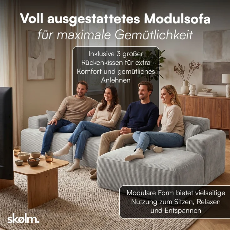 skølm 'Freki' Cloud Sofa 4 Sitzer mit Hocker, Vollschaumcouch mit Federkern und Vakuum-Kompression, kein Aufbau erforderlich, mit 3 Kissen, Cord grau – Bild 8