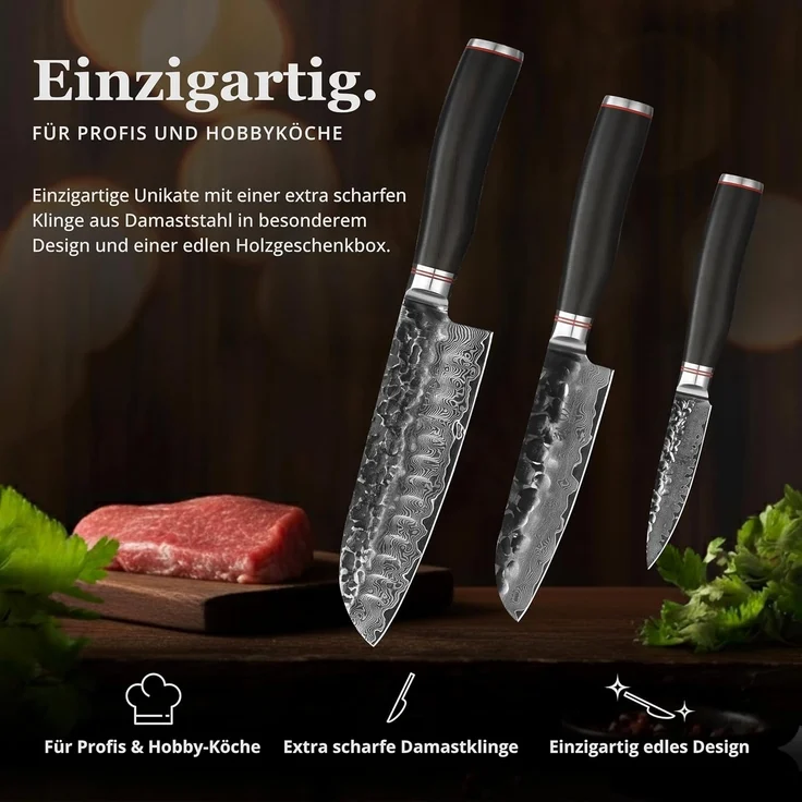 Wakoli Messer-Set Ebo 3er Damastmesser Set Küchenmesser Kochmesser 9 bis 18cm Klingen (Damastmesser mit Geschenkbox, 1-tlg, 1x 3er Damastmesser-Set), aus 67 Lagen Damaststahl, VG10 Kern – Bild 2