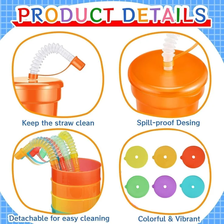 ALINK 6er Pack Neon Kinder Party Becher Set Deckel Strohhalm 380ml – Bild 3