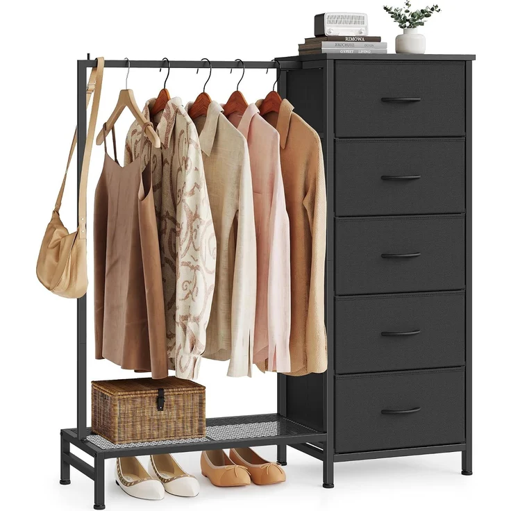 SONGMICS 3-in-1 Garderobenständer mit 5 Schubladen und Kleiderstange, 96,2 x 30 x 117,7 cm, Schwarz – Bild 1