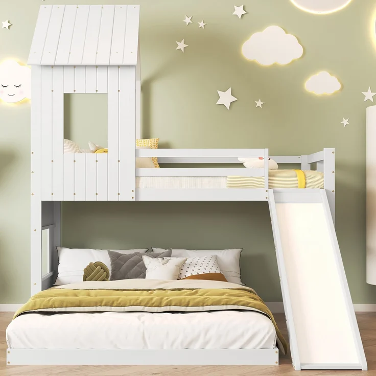 Etagenbett Kinderbett Hausbett mit Rutsche 90×200 & 140×200 cm weißes Kiefer-MDF Hochbett mit Leiter und Spielbereich – Bild 3