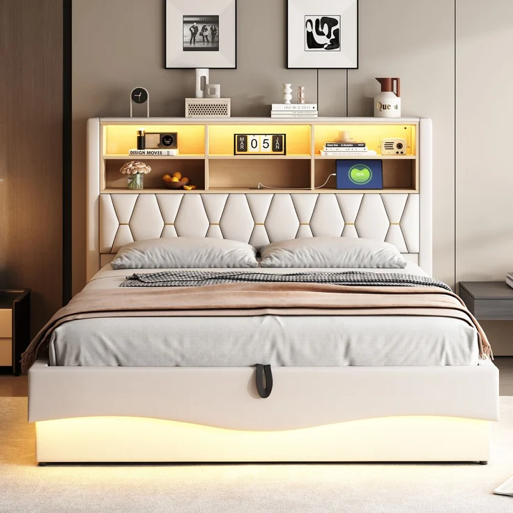 Merax Polsterbett, 180×200cm Doppelbett, mit hydraulischem Stauraum APP-gesteuertes LED-Lichtband USB-Ladeanschluss Metall-Lattenrost, Leinenpolsterung, Beige – Bild 2