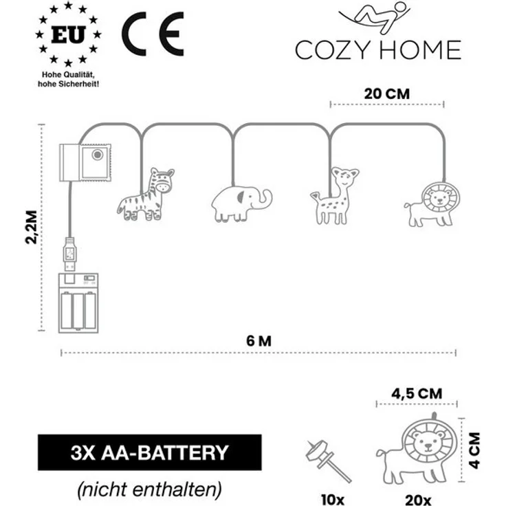 COZY HOME Lichterkette Safari für Kinder, mit APP steuerbar, Batterie & Stecker, 20 warmweiße Tiere, 8 Modi, Dimmbarkeit & Musikmodus – Bild 4