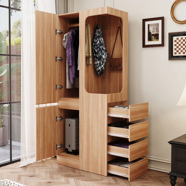 CHICFURN Kleiderschrank 70x170x40 cm aus Holz mit 4 Schubladen und offenem Hängefach Naturholz – Bild 1