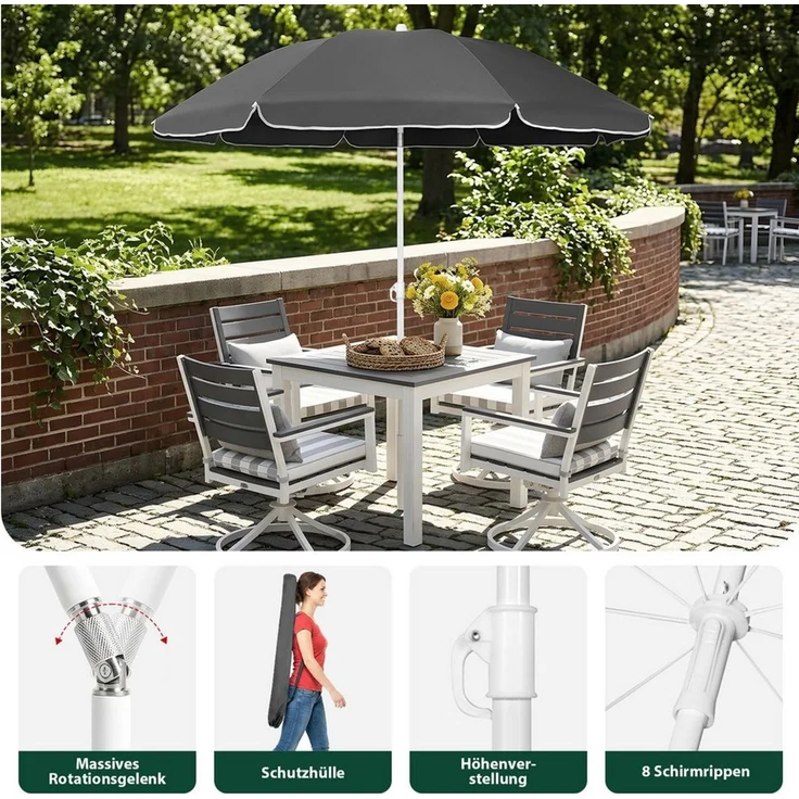 SUNULA Sonnenschirm Ø140/Ø160 cm Balkonschirm Rund Strandschirm mit Schutzhülle, LxB: 160x160 cm, 160 cm mit Knickfunktion, Höhenverstellbar, für Balkon und Garten – Bild 2