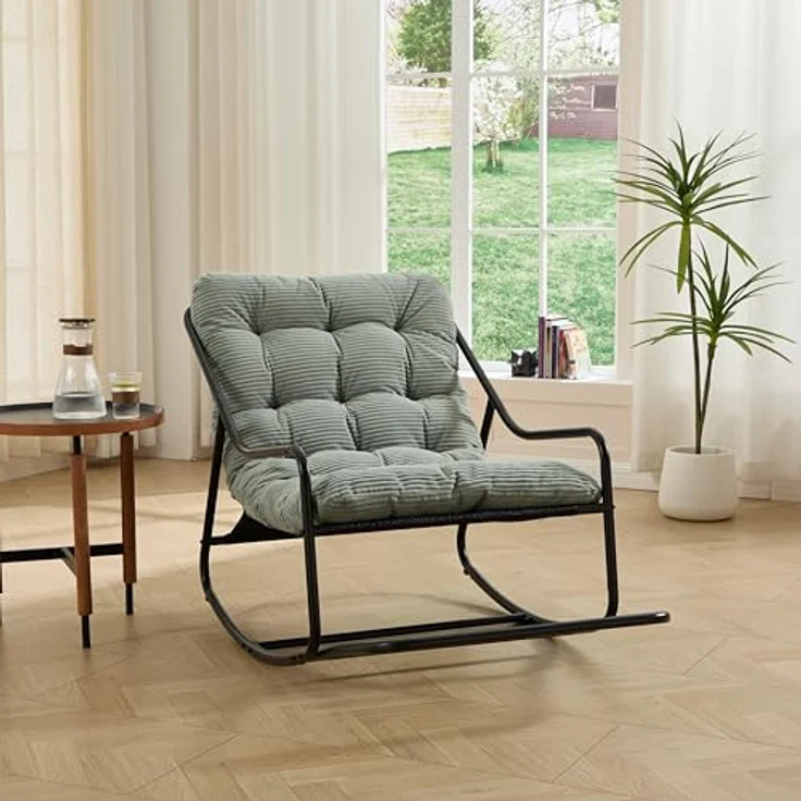 Ball & Cast Schaukelstuhl für Drinnen & Draußen, Rocking Chair mit Gepolstertem Kissen und Fußstütze, Balkonsessel für Wohnzimmer, Garten & Terrasse, Hellgrün – Bild 5