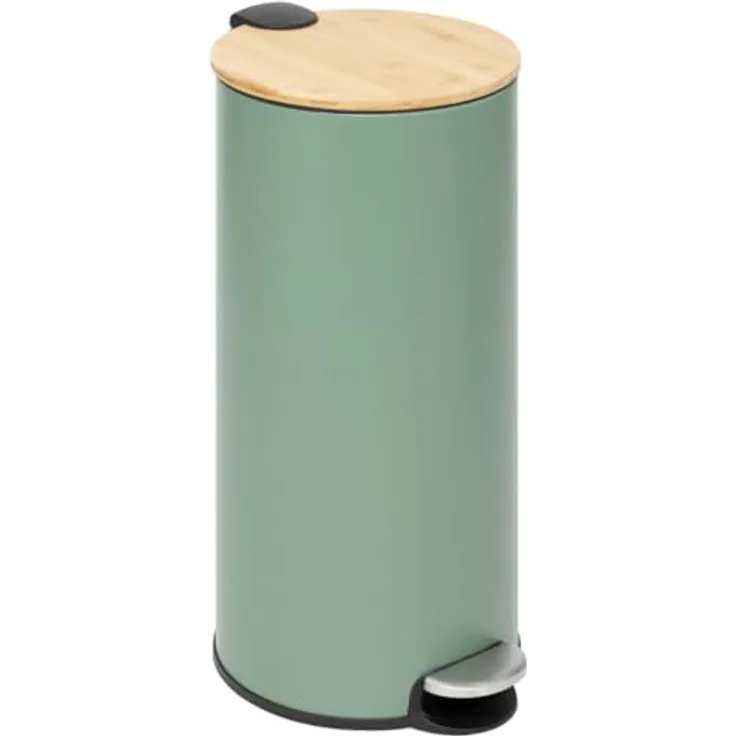 5five Moderner Farb-Treteimer 30 l, grüner Kosmetikeimer mit Bambusdeckel, herausnehmbarem Eimer und Soft-Close-Funktion