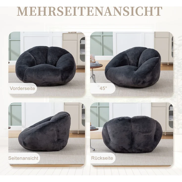 LVHOM Sitzsack XXL, Bodensofa aus Faux Fur, Montagefreier Bean Bag, für Wohnzimmer, Lounge, Schlafzimmer, Anthrazit – Bild 3
